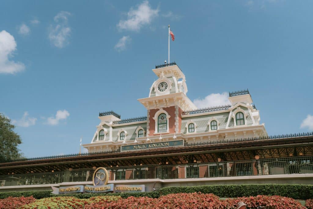 Entry of Magic Kingdom at Walt Disney World showcasing the famous train station